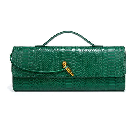 Faux PU Leather Snakeskin Clutch Crossbody Shoulder Bag Gold Accent Green
