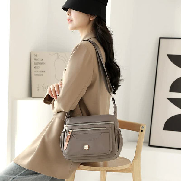 Nylon Crossbody Bag Handbag Multi Pockets Lightweight Compact Coffee