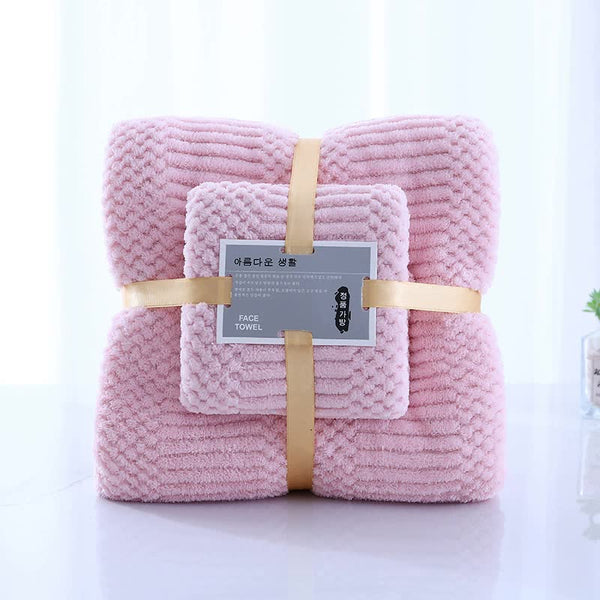 2 Pce Coral Fleece Face Towel Washcloth + Bath Towel Set Light Pink