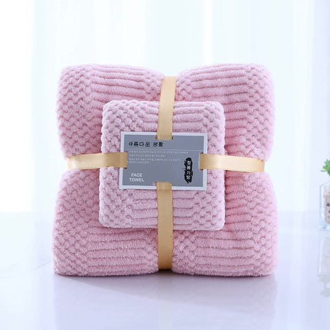 2 Pce Coral Fleece Face Towel Washcloth + Bath Towel Set Light Pink