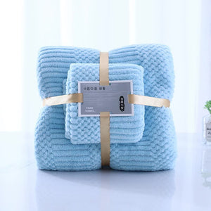 2 Pce Coral Fleece Face Towel Washcloth + Bath Towel Set Light Blue