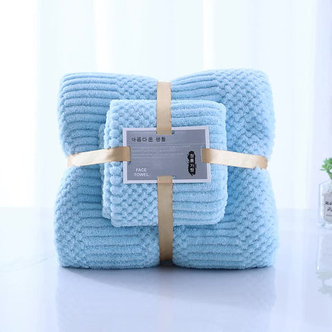 2 Pce Coral Fleece Face Towel Washcloth + Bath Towel Set Light Blue