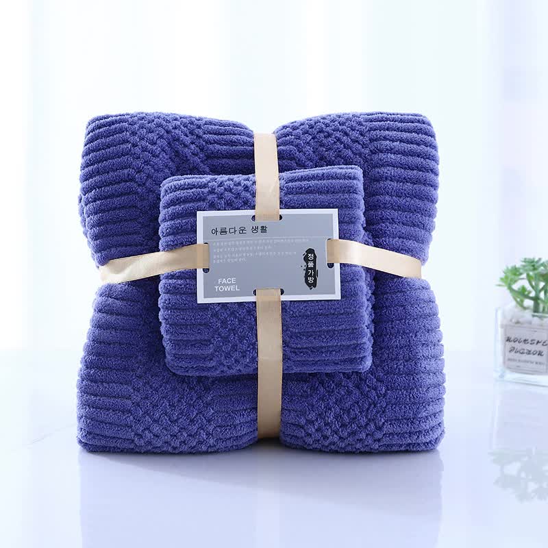 2 Pce Coral Fleece Face Towel Washcloth + Bath Towel Set Dark Blue