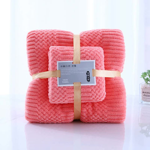 2 Pce Coral Fleece Face Towel Washcloth + Bath Towel Set Dark Pink