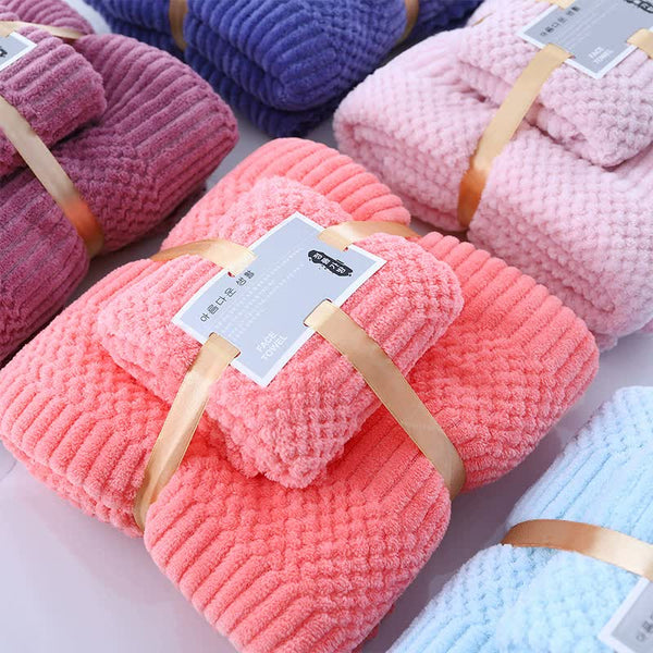 2 Pce Coral Fleece Face Towel Washcloth + Bath Towel Set Dark Pink