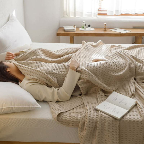 Cotton Waffle Blanket - Air Conditioning Blanket/Throw/Summer Quilt, 100*150cm,Khaki