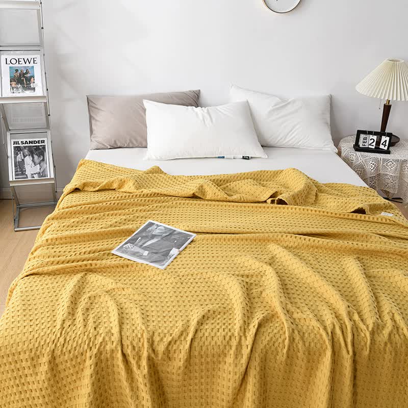 Cotton Waffle Blanket Throw Rug 100 x 152cm Yellow