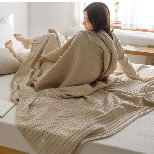 Cotton Waffle Blanket Throw Rug 150 x 200cm Khaki
