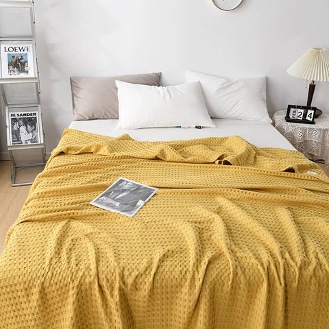 Cotton Waffle Blanket Throw Rug 200 x 230cm Yellow