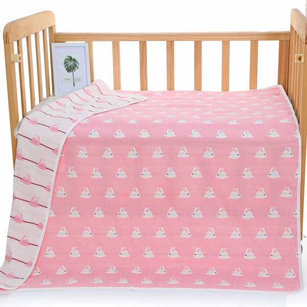 6 Layer Cotton Muslin Baby Infant Blanket Swaddle Cot Bedding 110x110cm Bunny Pink