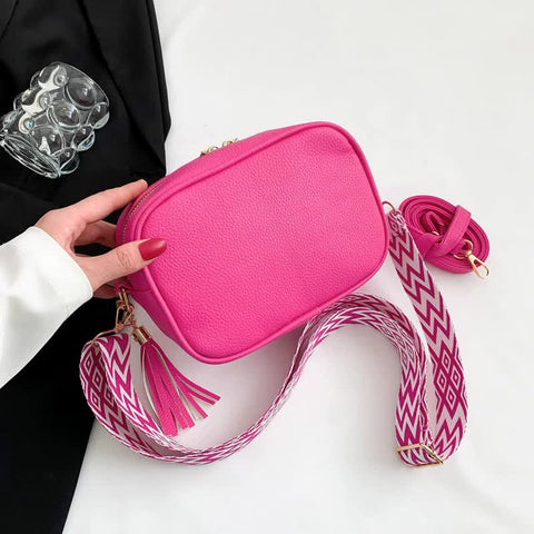 PU Leather Crossbody Shoulder Camera Bag Handbag Tassels Rose Red