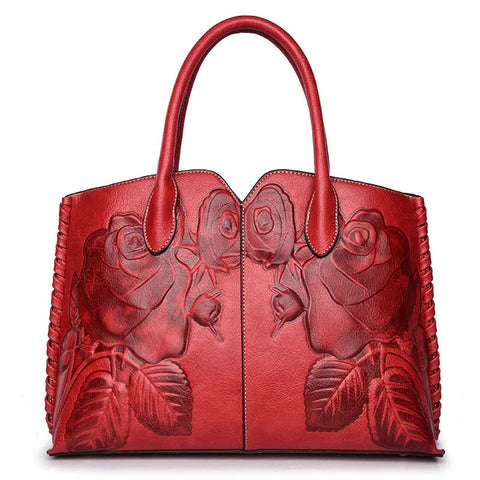 Elegant Vintage Style Embossed Rose Genuine Leather Tote Bag Handbag Red