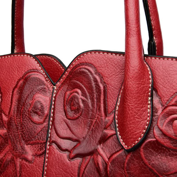 Elegant Vintage Style Embossed Rose Genuine Leather Tote Bag Handbag Red