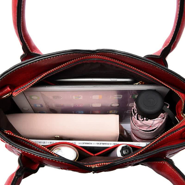 Elegant Vintage Style Embossed Rose Genuine Leather Tote Bag Handbag Red