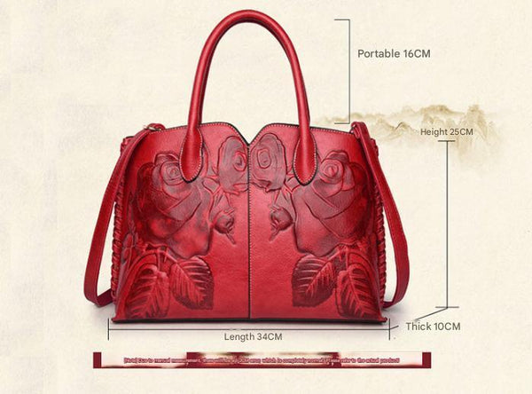 Elegant Vintage Style Embossed Rose Genuine Leather Tote Bag Handbag Red