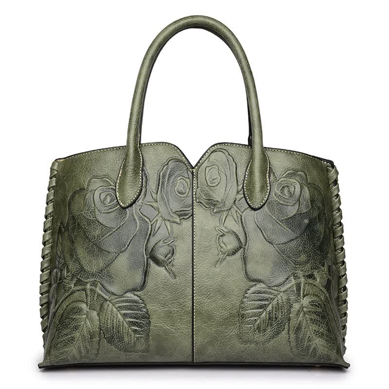 Elegant Vintage Style Embossed Rose Genuine Leather Tote Bag Handbag Green