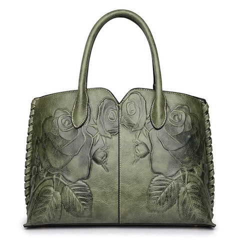 Elegant Vintage Style Embossed Rose Genuine Leather Tote Bag Handbag Green
