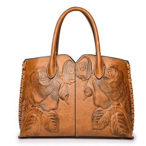 Elegant Vintage Style Embossed Rose Genuine Leather Tote Bag Handbag Brown