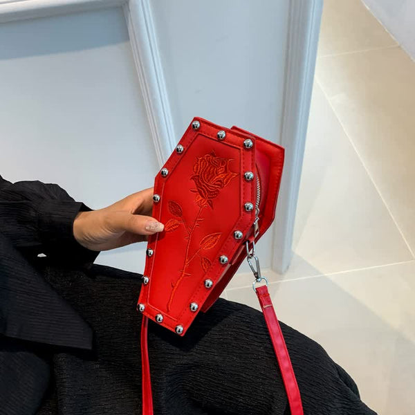 Coffin Embroidered Rose Gothic Punk PU Leather Crossbody Shoulder Bag Red