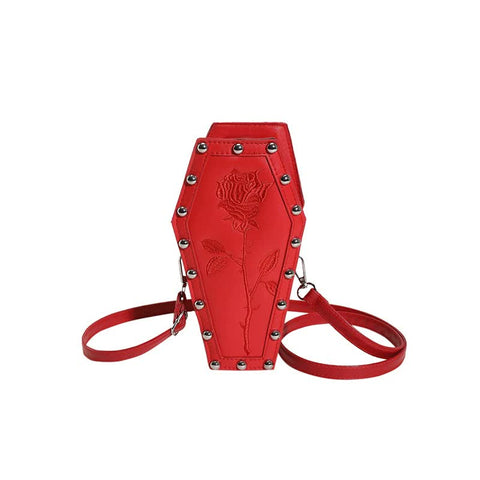 Coffin Embroidered Rose Gothic Punk PU Leather Crossbody Shoulder Bag Red