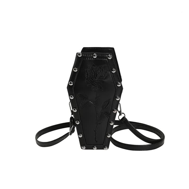Coffin Embroidered Rose Gothic Punk PU Leather Crossbody Shoulder Bag Black