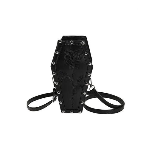 Coffin Embroidered Rose Gothic Punk PU Leather Crossbody Shoulder Bag Black