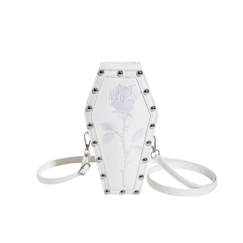 Coffin Embroidered Rose Gothic Punk PU Leather Crossbody Shoulder Bag White