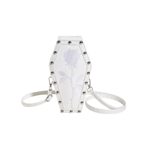Coffin Embroidered Rose Gothic Punk PU Leather Crossbody Shoulder Bag White
