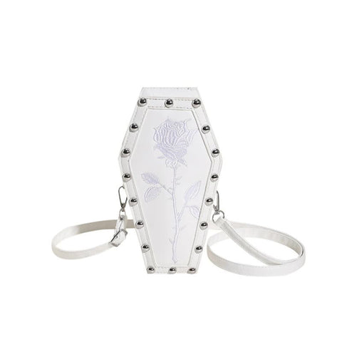 Coffin Embroidered Rose Gothic Punk PU Leather Crossbody Shoulder Bag White