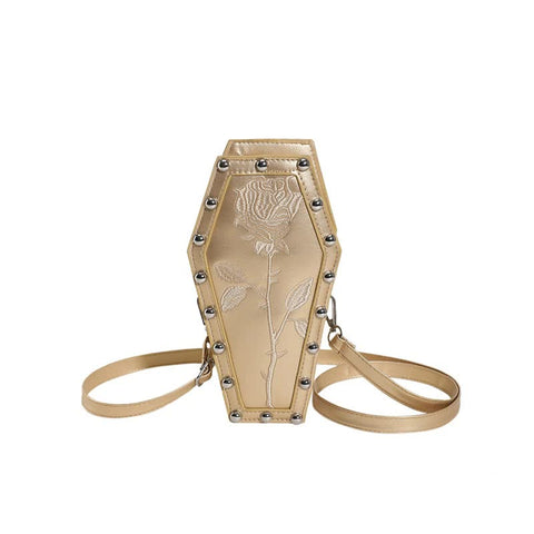 Coffin Embroidered Rose Gothic Punk PU Leather Crossbody Shoulder Bag Gold