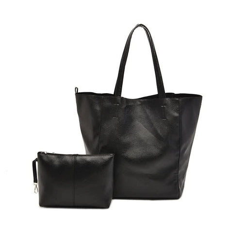 Classic Large PU Leather Tote Shopper Bag Inner Pouch Elegant Functional Black