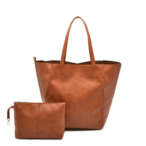 Classic Large PU Leather Tote Shopper Bag Inner Pouch Elegant Functional Brown