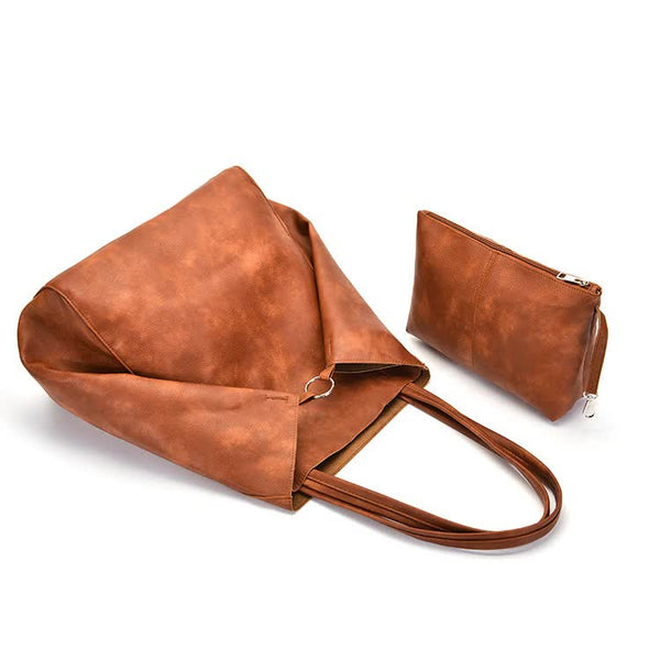 Classic Large PU Leather Tote Shopper Bag Inner Pouch Elegant Functional Brown