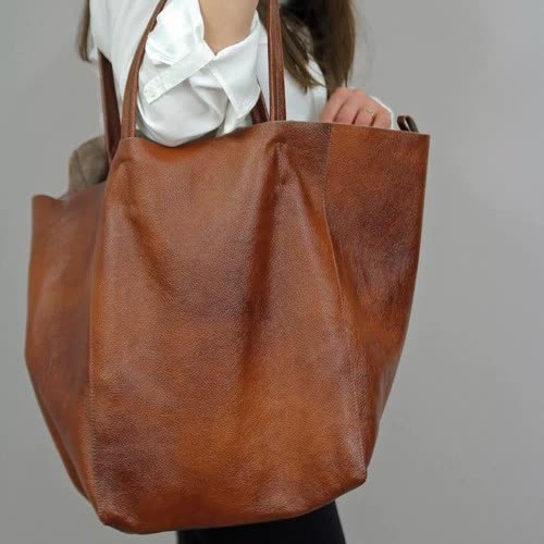 Classic Large PU Leather Tote Shopper Bag Inner Pouch Elegant Functional Brown