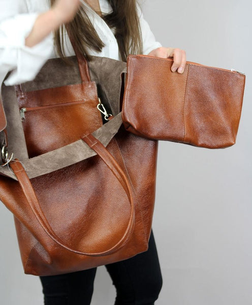 Classic Large PU Leather Tote Shopper Bag Inner Pouch Elegant Functional Brown