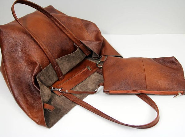 Classic Large PU Leather Tote Shopper Bag Inner Pouch Elegant Functional Brown