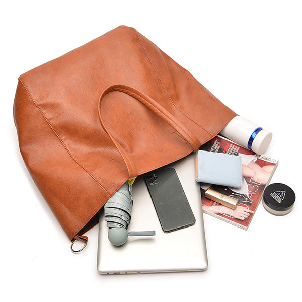 Classic Large PU Leather Tote Shopper Bag Inner Pouch Elegant Functional Brown