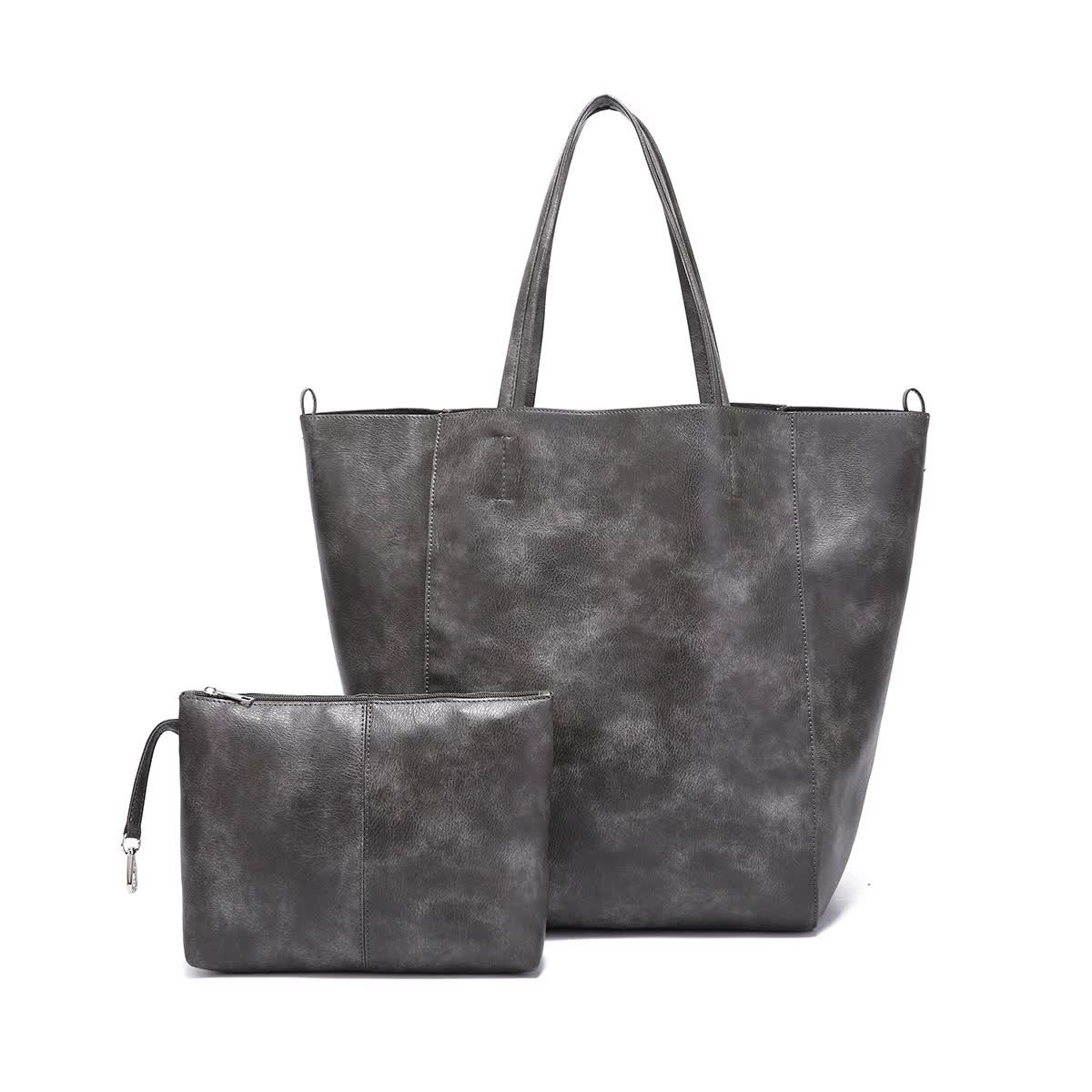 Classic Large PU Leather Tote Shopper Bag Inner Pouch Elegant Functional Grey