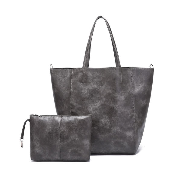 Classic Large PU Leather Tote Shopper Bag Inner Pouch Elegant Functional Grey