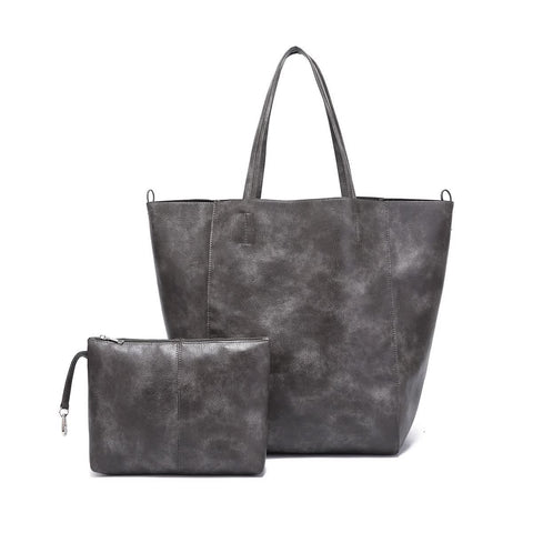 Classic Large PU Leather Tote Shopper Bag Inner Pouch Elegant Functional Grey