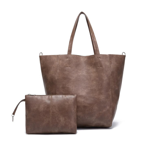 Classic Large PU Leather Tote Shopper Bag Inner Pouch Elegant Functional Brown