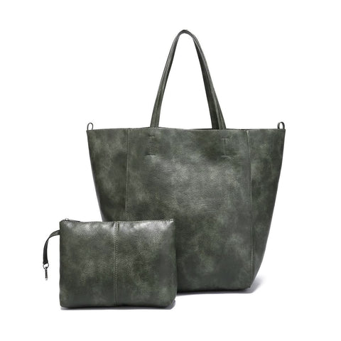 Classic Large PU Leather Tote Shopper Bag Inner Pouch Elegant Functional Grey Green