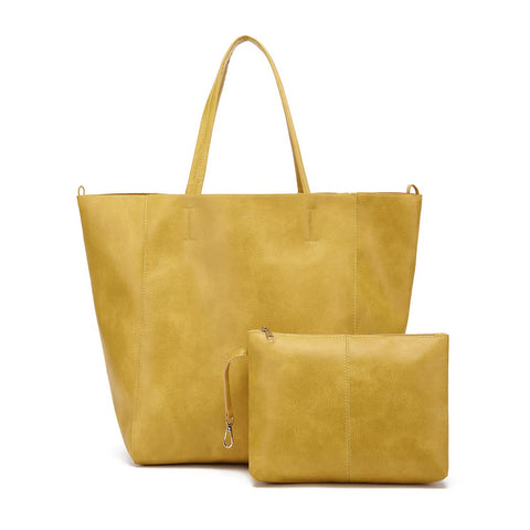 Classic Large PU Leather Tote Shopper Bag Inner Pouch Elegant Functional Yellow