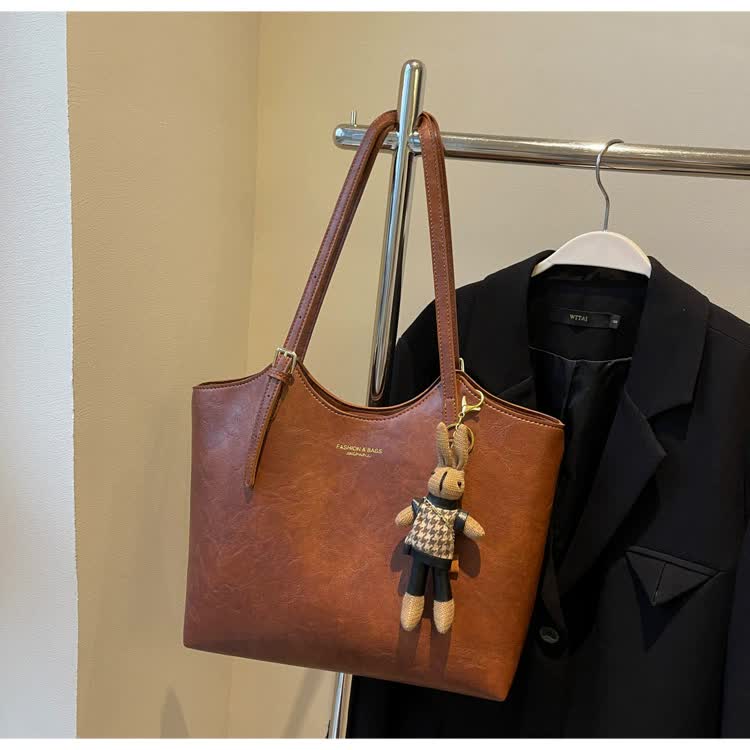 Large Textured PU Leather Tote Shoulder Bag Handbag Rabbit Keychain Brown