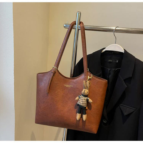 Large Textured PU Leather Tote Shoulder Bag Handbag Rabbit Keychain Brown