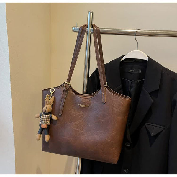 Large Textured PU Leather Tote Shoulder Bag Handbag Rabbit Keychain Coffee Brown