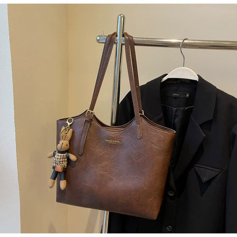 Large Textured PU Leather Tote Shoulder Bag Handbag Rabbit Keychain Coffee Brown
