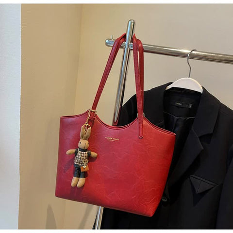 Large Textured PU Leather Tote Shoulder Bag Handbag Rabbit Keychain Red