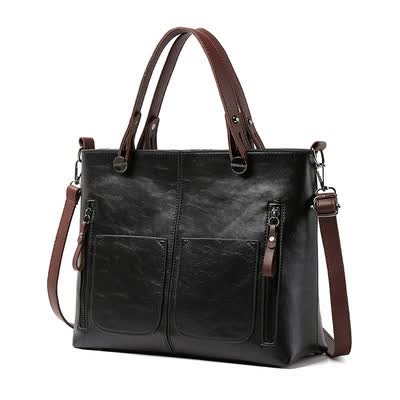 Womens Classic PU Leather Tote Bag Handbag Double Handles Multi Pocket Black