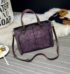 Womens Classic PU Leather Tote Bag Handbag Double Handles Multi Pocket Purple